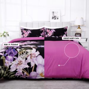 ASPMIZ 3 Piece Floral Duvet Cover Queen Set - Soft Double Brushed Boho Flower Queen Duvet Cover with Zipper Closure, Purple Comforter Cover Set, 1 Duvet Cover 90 x 90 inches and 2 Pillow Shams, Black