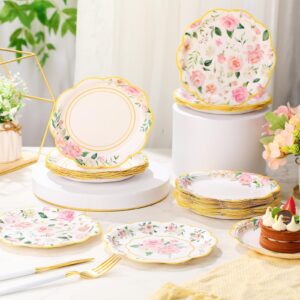 Pickmesh 60 Pcs Floral Paper Plates 7 Inches Floral Party Plates Pink Floral Disposable Dinner Plates Gold Foil Edge Paper Plate Tea Party Decoration for Baby Shower Bridal Shower Birthday Wedding