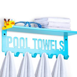 tandefio pool towel rack with shelf outdoor wall mounted towel holder 8 hooks for pool bathroom blue metal towel hanger towel storage indoor outdoor for robe, towel, coat, swimsuit, bag, keys