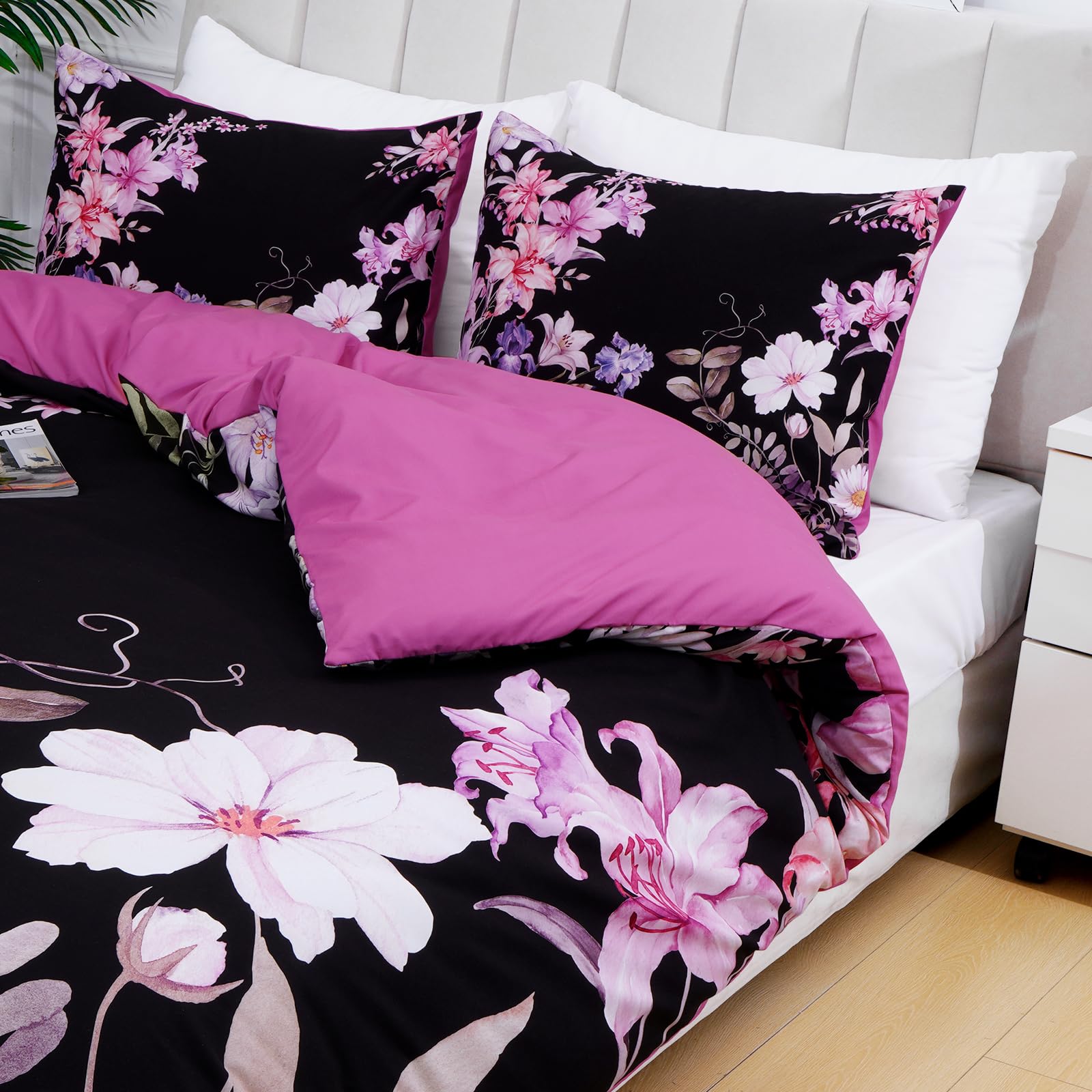 ASPMIZ 3 Piece Floral Duvet Cover Queen Set - Soft Double Brushed Boho Flower Queen Duvet Cover with Zipper Closure, Purple Comforter Cover Set, 1 Duvet Cover 90 x 90 inches and 2 Pillow Shams, Black