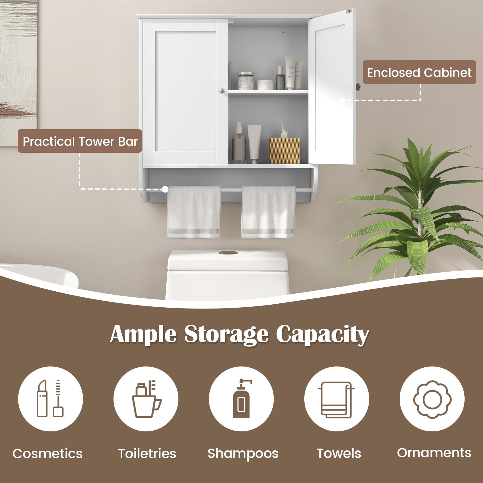 COSTWAY Bathroom Cabinet Wall Mounted, Over The Toilet Storage Cabinet with Towel Bar, 2 Doors and Adjustable Shelf, Space-Saving Wall Cabinet Medicine Cabinet for Bathroom Kitchen (White)