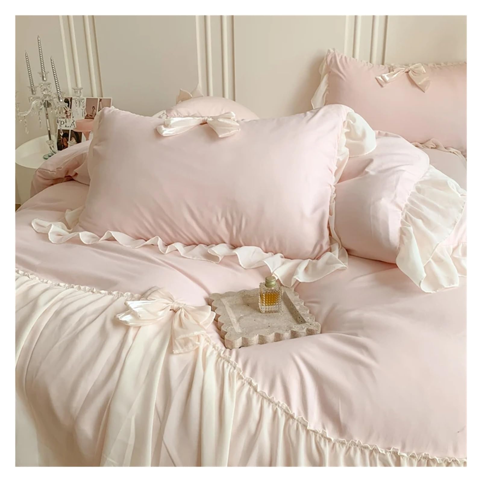 ALturn Pink Romantic French Princess Wedding Lace Ruffles Bow Bedding Set Soft Cozy Single Queen King Duvet Cover Bed Sheet Pillowcase,Bedding Set, XK001