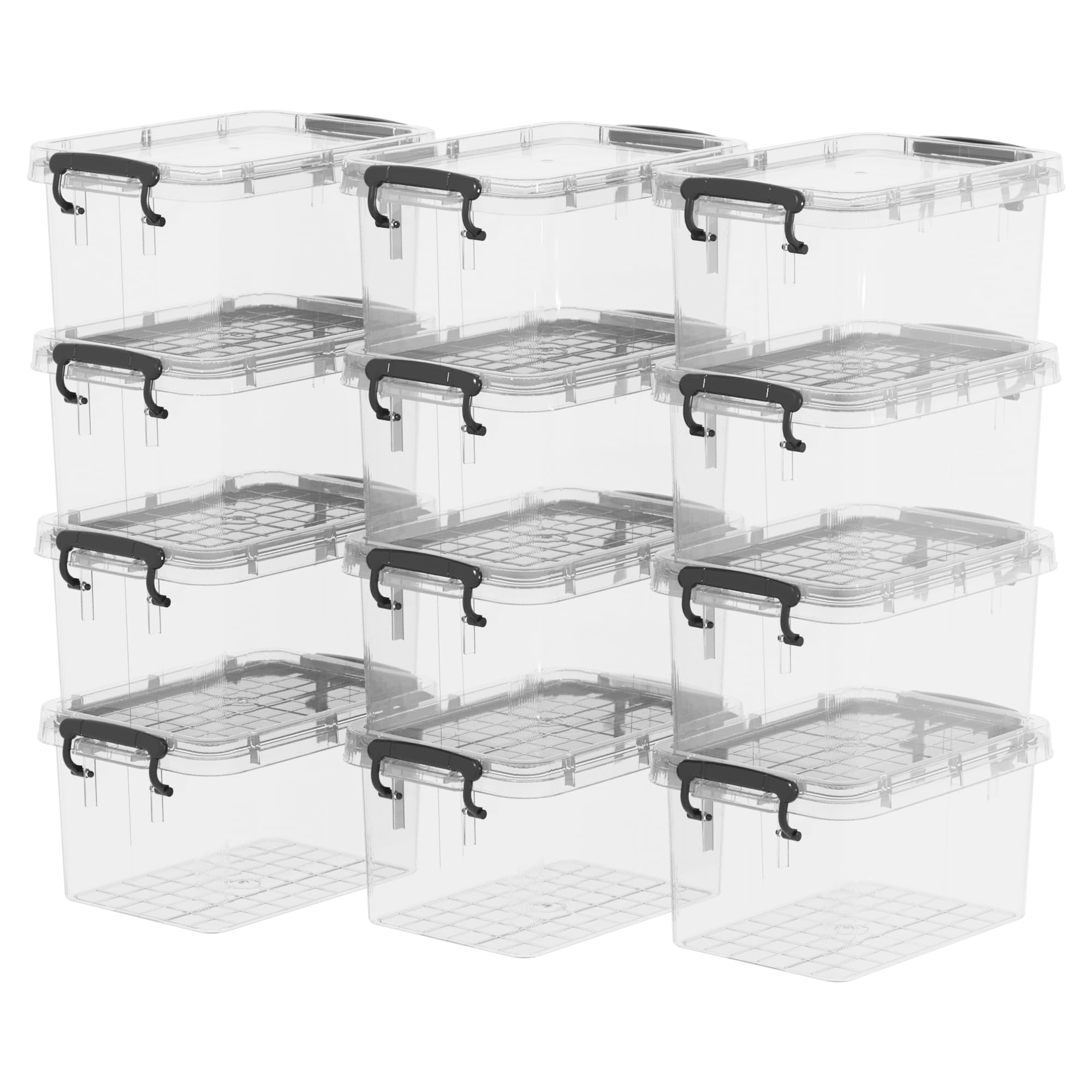 Cetomo Plastic Storage Bin Tote Organizing Container with Lid and Secure Latching Buckles, Clear, 3.2Qt x 12, Pack of 12