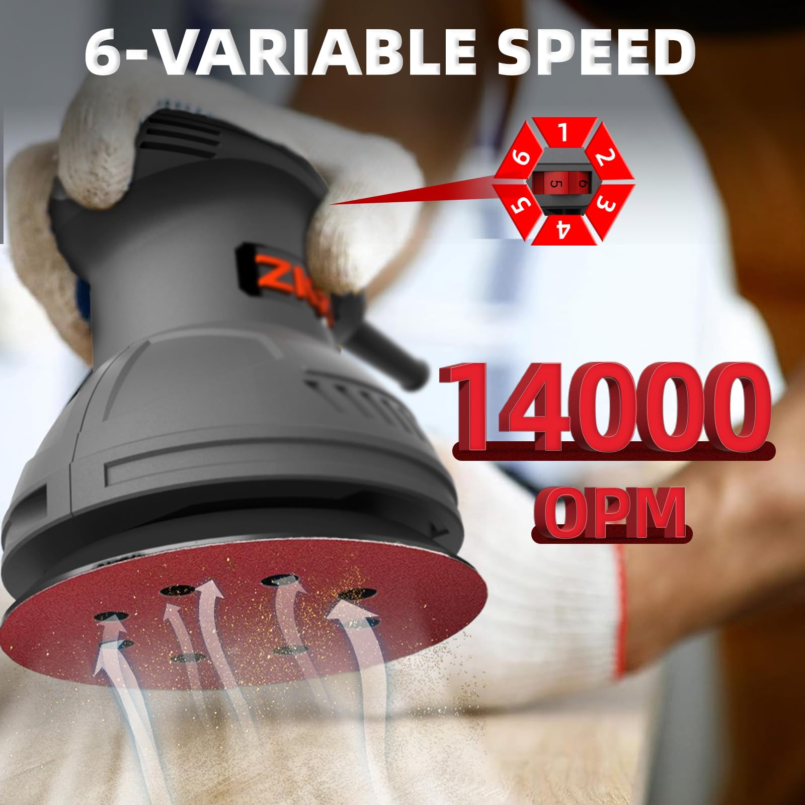 ZKH Random Orbital Sander, 6 Speeds 2.5A sander tool, 7000-14000 RPM, 5-inch Electric Sander Kit with 30pcs Sandpapers, Dust Collector, Ideal Power Palm Sander for Woodworking