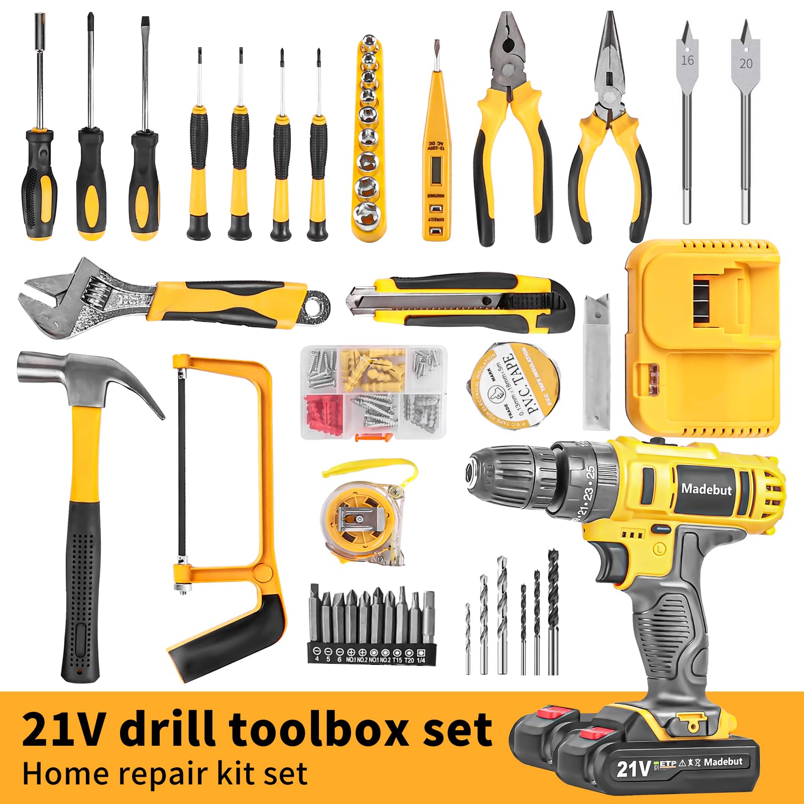 118 Pcs Electric Drill Cordless, 21V Cordless Drill Set with 2 Batteries, 2-speed Drill Kit with Led Light, Home Tool Kit with Impact Driver, Tool Kit for Home, DIY Power Drill with Tools for Men