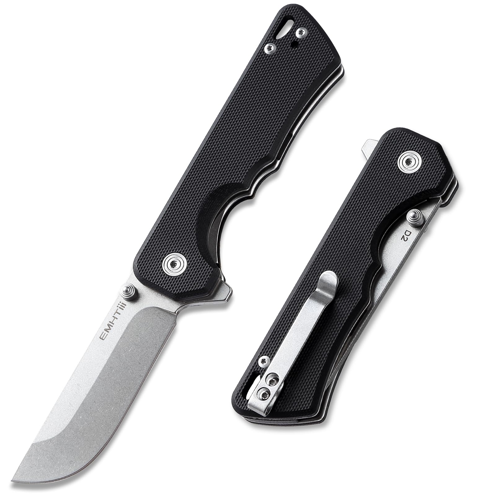 EMHTiii Pocket Folding EDC Knife: 2.95" D2 Steel Stonewashed Blade, G10 Scales, Flipper Liner Lock, Reversible Clip, Great Gifts for Men Women Camping Hiking Outdoor, Black