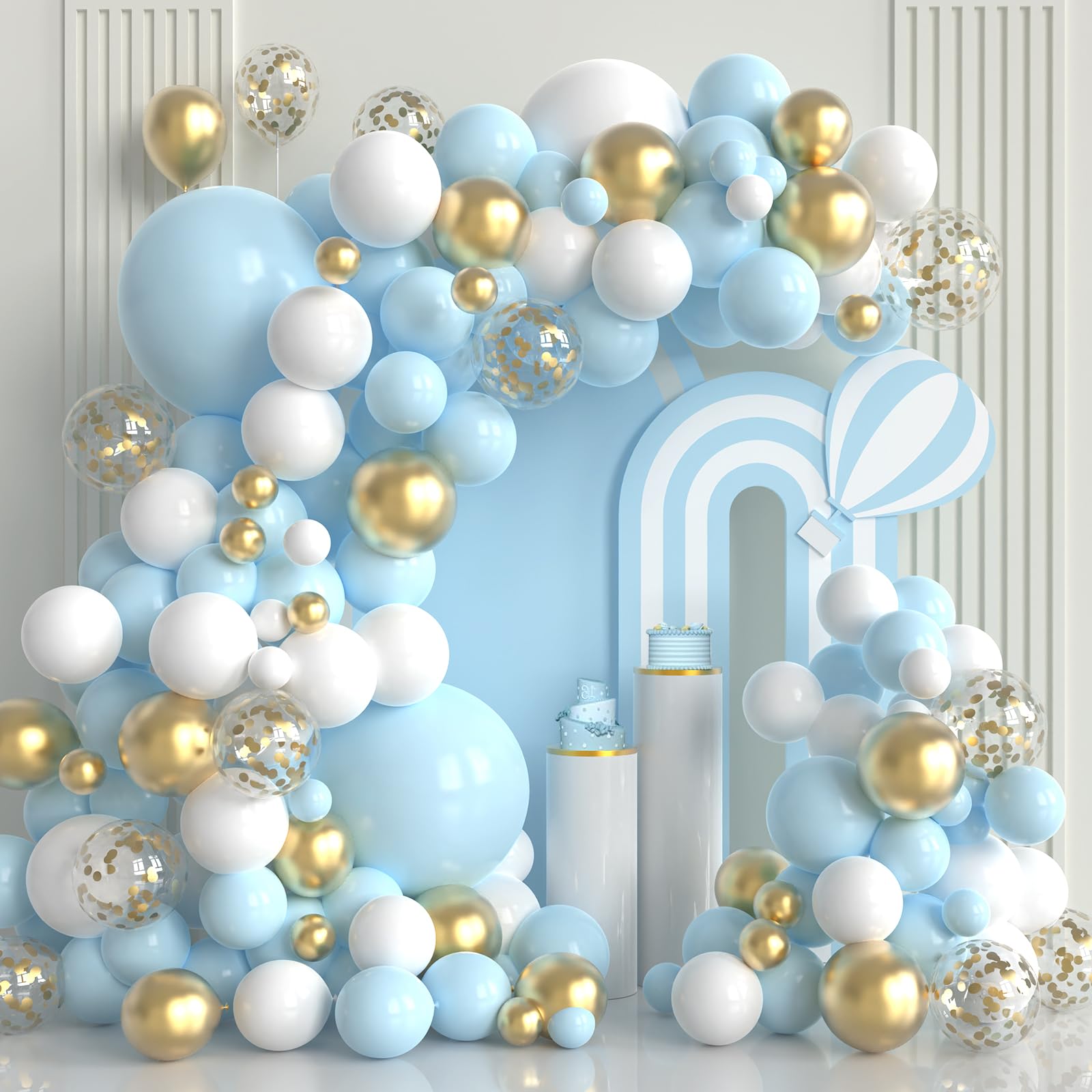 Blue and White Gold Balloons,100 pcs Blue White Gold Balloon Garland Arch Kit Metallic Chrome Gold Ballons with Macaroon Blue White Latex Balloons for Wedding Bridal Shower Baby Shower Decoration