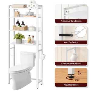 MAHANCRIS Over The Toilet Storage Rack, 4 Tier Bathroom Organizer Over Toilet, Freestanding Space Saver Toilet Stand with 2 Hooks, Bathroom Storage Shelf, Easy to Assemble, White TSBW0401