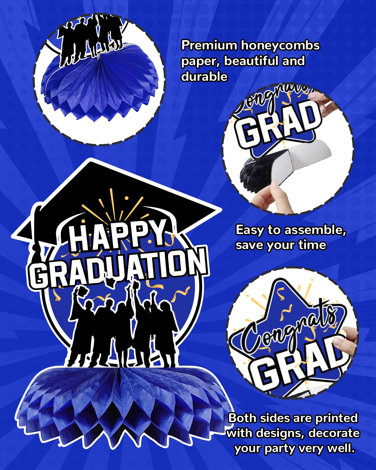 VICHTOP 2024 Graduation Party Decorations - Class of 2024 Blue Theme Decorations with Congrats Grad Table Centerpiece - Stunning Blue Graduation Decor for a Memorable Celebration