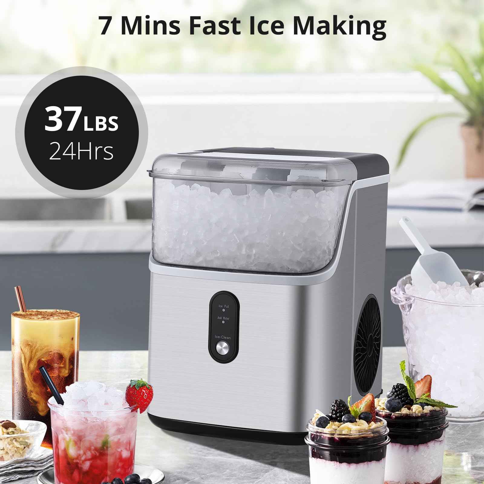 Litake Nugget Ice Maker Countertop - Chewable Pellet Ice Cubes, 35 lbs|24H Output, Stainless Steel Housing, Self-Cleaning Ice Machine with Ice Bags for Parties, Kitchen, Bar, Office, Silver