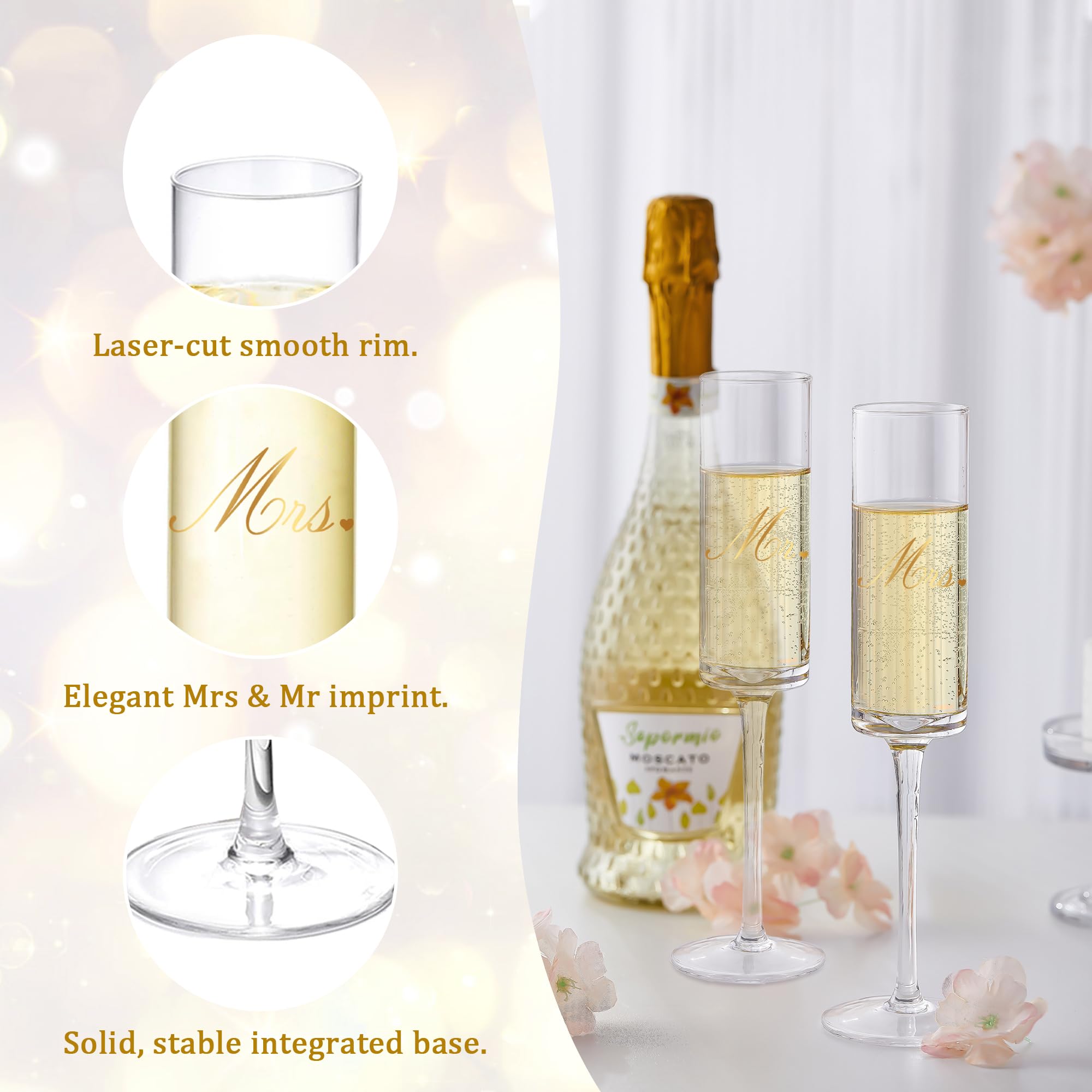 JUSTOTRY Wedding Cake Cutting Knife And Server Set Engraved Gold Mr And Mrs Champagne Flutes Glasses Bride And Groom Champagne Toast For Bridal Shower Engagement Gifts