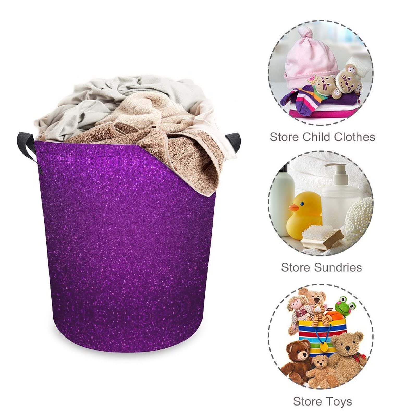 TsyTma Purple Laundry Basket Glitter pattern dorm hamper Small Kids Laundry Hamper with Handles Collapsible Round Dirty Clothes Hampers for Laundry, Kids Toys, Bedroom,Bathroom