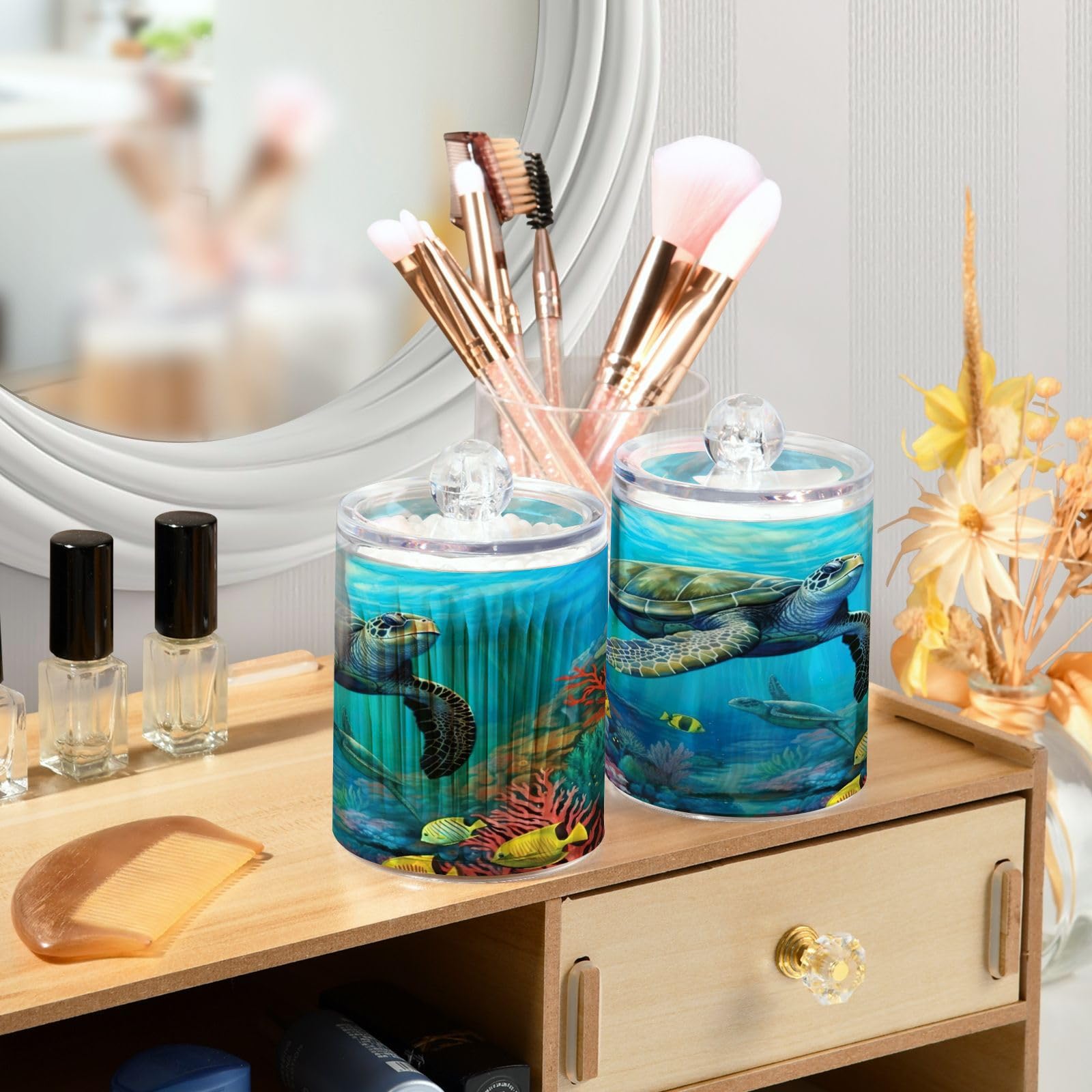 FLildon Underwater Sea Turtle Qtip Holder Dispenser, Bathroom Organizer and Storage Containers, 2Pack Clear Plastic Apothecary Jars with Lids for Cotton Ball, Cotton Swab, Floss