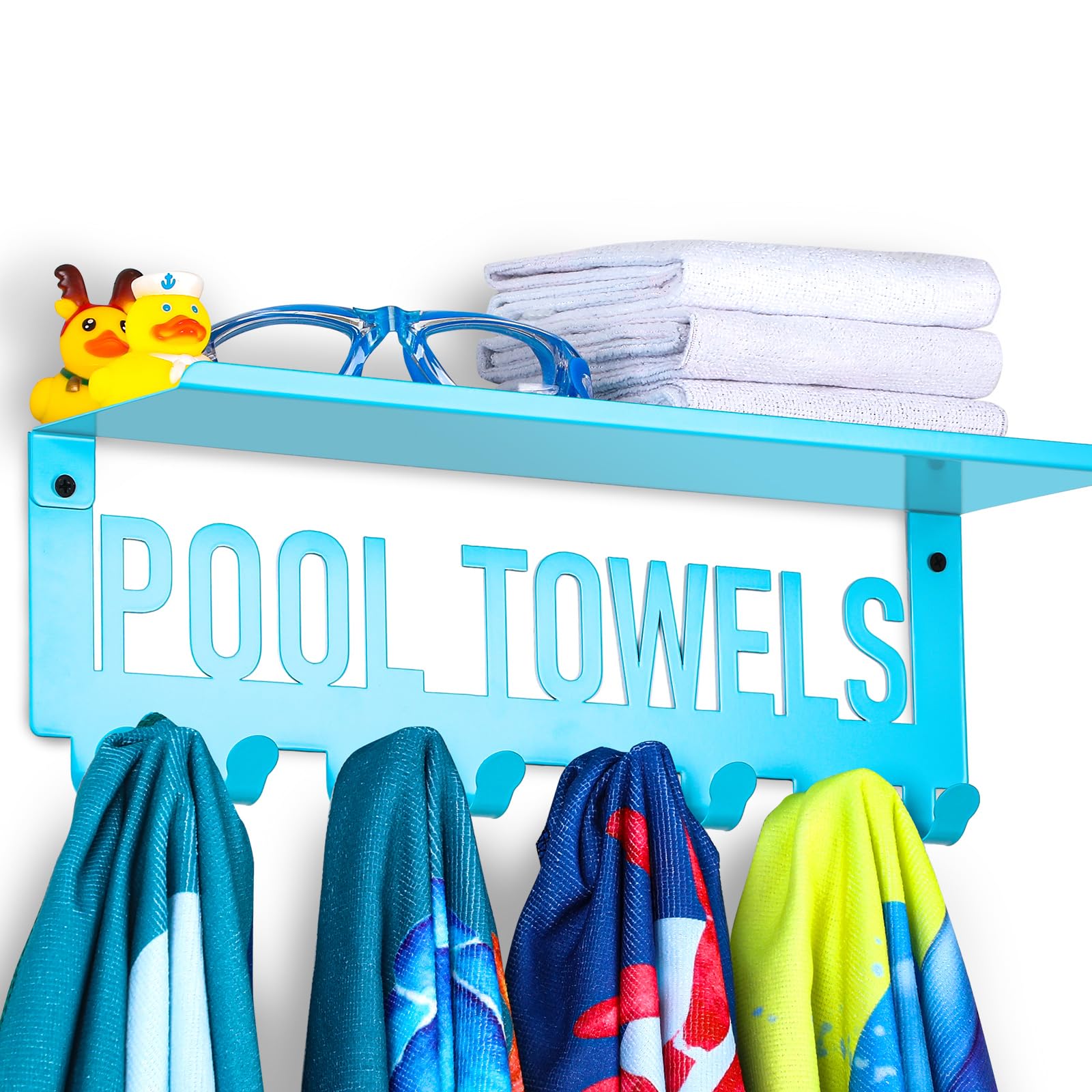 Tandefio Pool Towel Rack with Shelf Outdoor Wall Mounted Towel Holder 8 Hooks for Pool Bathroom Blue Metal Towel Hanger Towel Storage Indoor Outdoor for Robe, Towel, Coat, Swimsuit, Bag, Keys