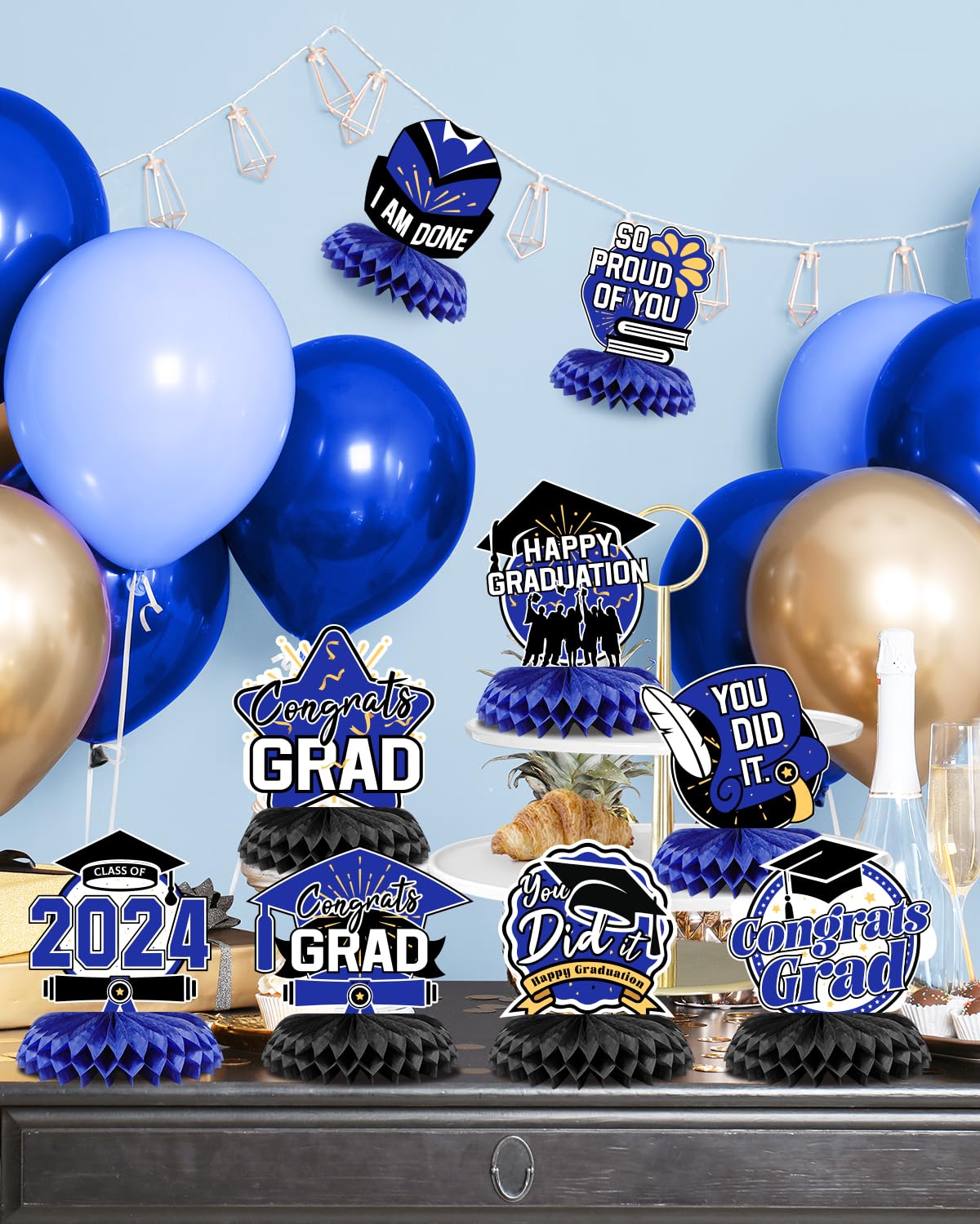 VICHTOP 2024 Graduation Party Decorations - Class of 2024 Blue Theme Decorations with Congrats Grad Table Centerpiece - Stunning Blue Graduation Decor for a Memorable Celebration