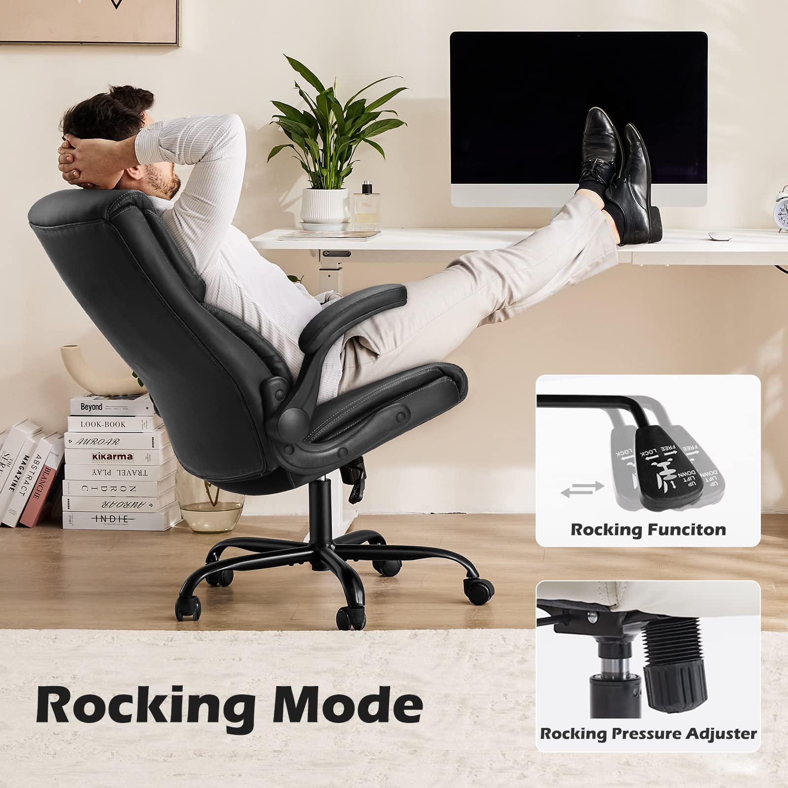 Office Chair - Ergonomic Executive Computer Desk Chairs with Adjustable Flip-up Armrest, Swivel Task Chair with Lumbar Support, Strong Metal Base, PU Leather, Black