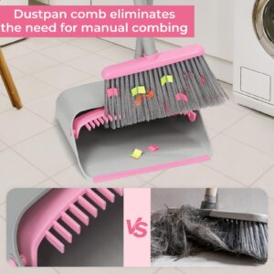 Pink Broom with Dustpan Combo Set，52" Brooms for Sweeping Indoor Broom and Dustpan Set for Home Kitchen Office Lobby Floor Standing Dust Pan