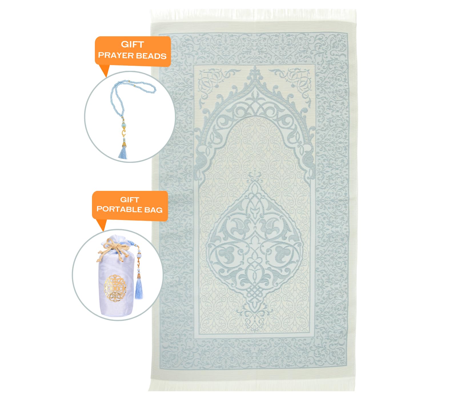 Prien Prayer Rug with Tasbih Bag for Pray, Muslim Gifts Bayram, Mat Salah, Sajadah for Women & Men, Islamic Gift Set for Islam Ramadan, Prayer, Praying, Eid, Quran (Blue)