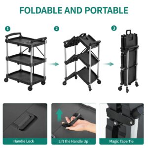 YITAHOME Folding Utility Service Cart, 240LBS 3 Tier Foldable Cart with Wheels Collapsible Cart on Wheels with 360°Swivel Wheels (2 with Brakes), Portable Cart for Home Garage Restaurant Office