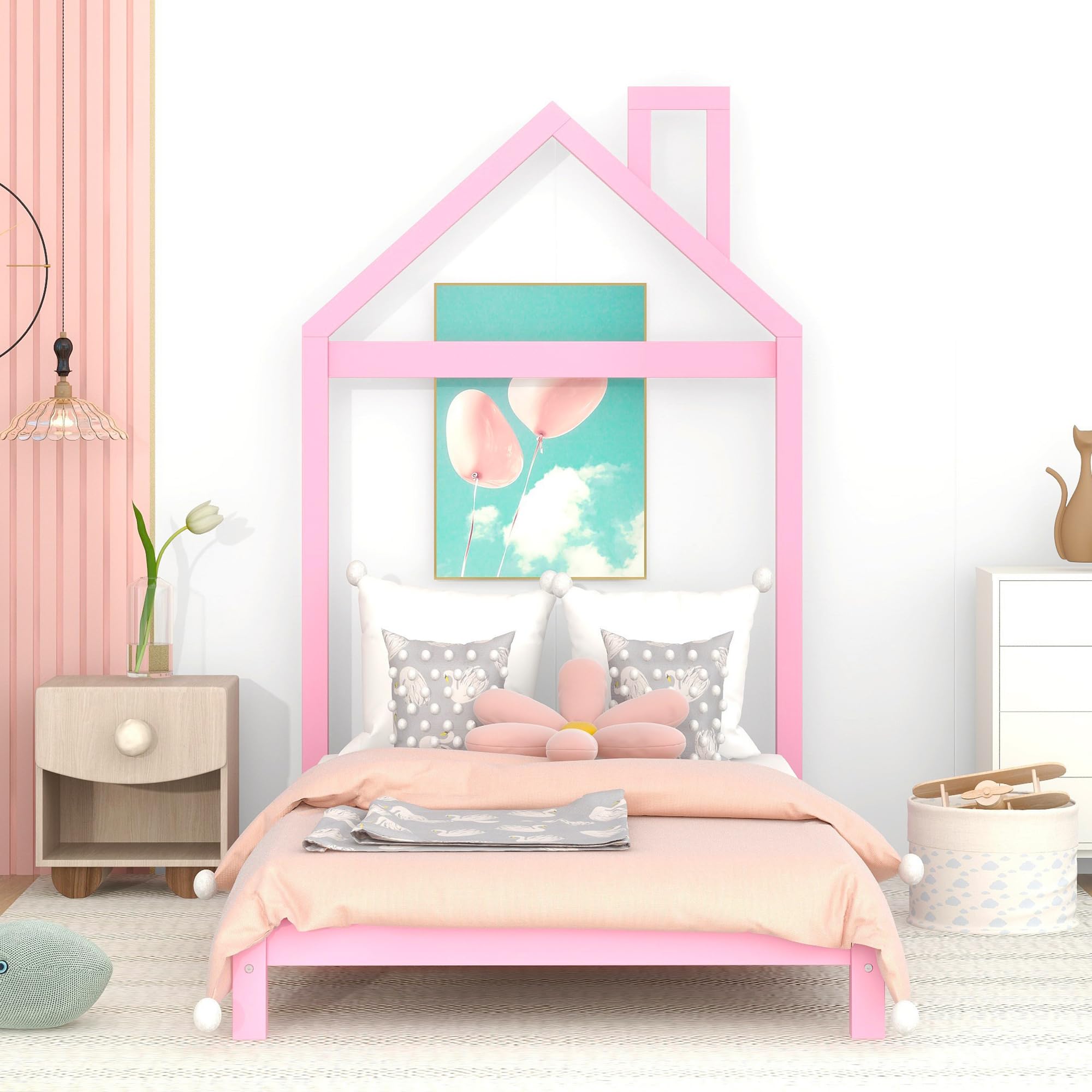 Twin Bed Frame/Kids Bed Frames with Headboard, Girls Bed Twin Size with House Shaped Headboard, Twin Size Bed for Kids, Twin Bed Frame Pink