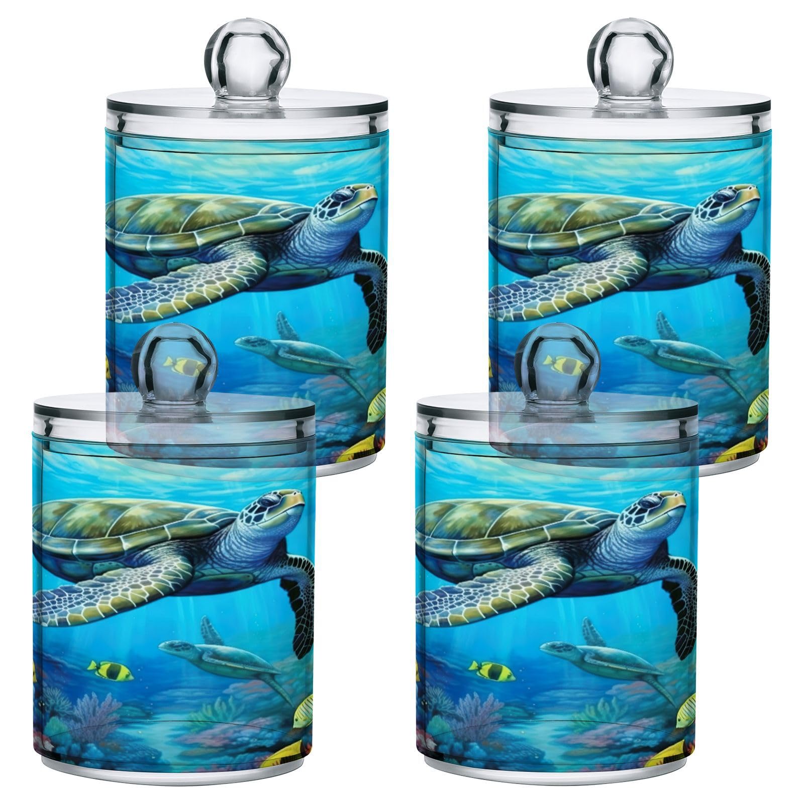 FLildon Underwater Sea Turtle Qtip Holder Dispenser, Bathroom Organizer and Storage Containers, 2Pack Clear Plastic Apothecary Jars with Lids for Cotton Ball, Cotton Swab, Floss