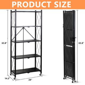 Fenbeli 5 Tier Storage Shelf with Wheels - Metal Collapsible Shelving Unit Display, Heavy Duty Folding Shelves, No Assembly Organizer Rack for Garage Kitchen, Basement, Pantry (Black, 5 Tier)