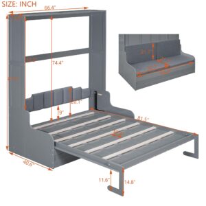 Merax Queen Size Murphy Bed, Wooden Queen Murphy Bed Wall Bed with Cushion, for Home Office or Small Room, Gray