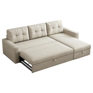 Ball & Cast 81.5" Convertible Sectional Sleeper Sofa, L-Shaped Upholstered Pull Out Couch Bed with Storage Recliner & Removable Back Cushions, Beige