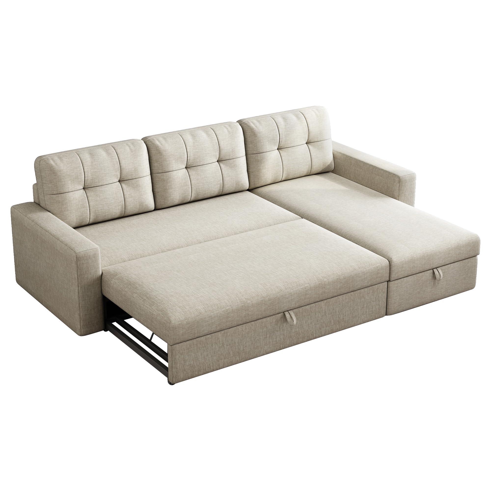 Ball & Cast 81.5" Convertible Sectional Sleeper Sofa, L-Shaped Upholstered Pull Out Couch Bed with Storage Recliner & Removable Back Cushions, Beige