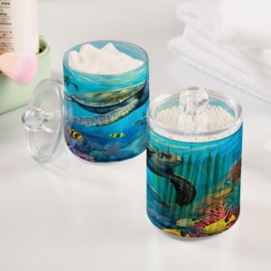 FLildon Underwater Sea Turtle Qtip Holder Dispenser, Bathroom Organizer and Storage Containers, 2Pack Clear Plastic Apothecary Jars with Lids for Cotton Ball, Cotton Swab, Floss