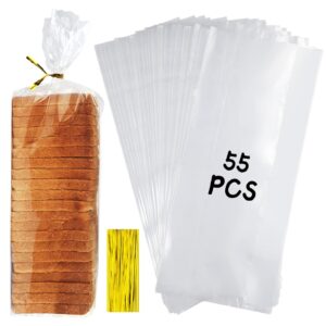 bread bags for homemade bread, 55 pack clear bread bags and 100 ties, reusable bread loaf bags, plastic bread bags for home bakers and bakery owners