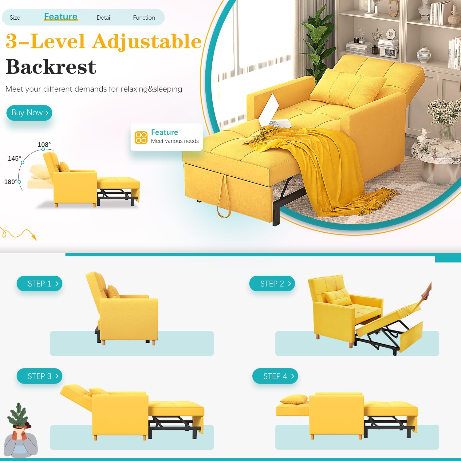 YODOLLA Sleeper Chair, 3 in 1 Chair Bed Sleeper for Adults, Fold Out Sofa Cama with Pillow and Convertible Backrest, Multi-Functional Couch Loveseat Reading Chair for Small Space, Yellow