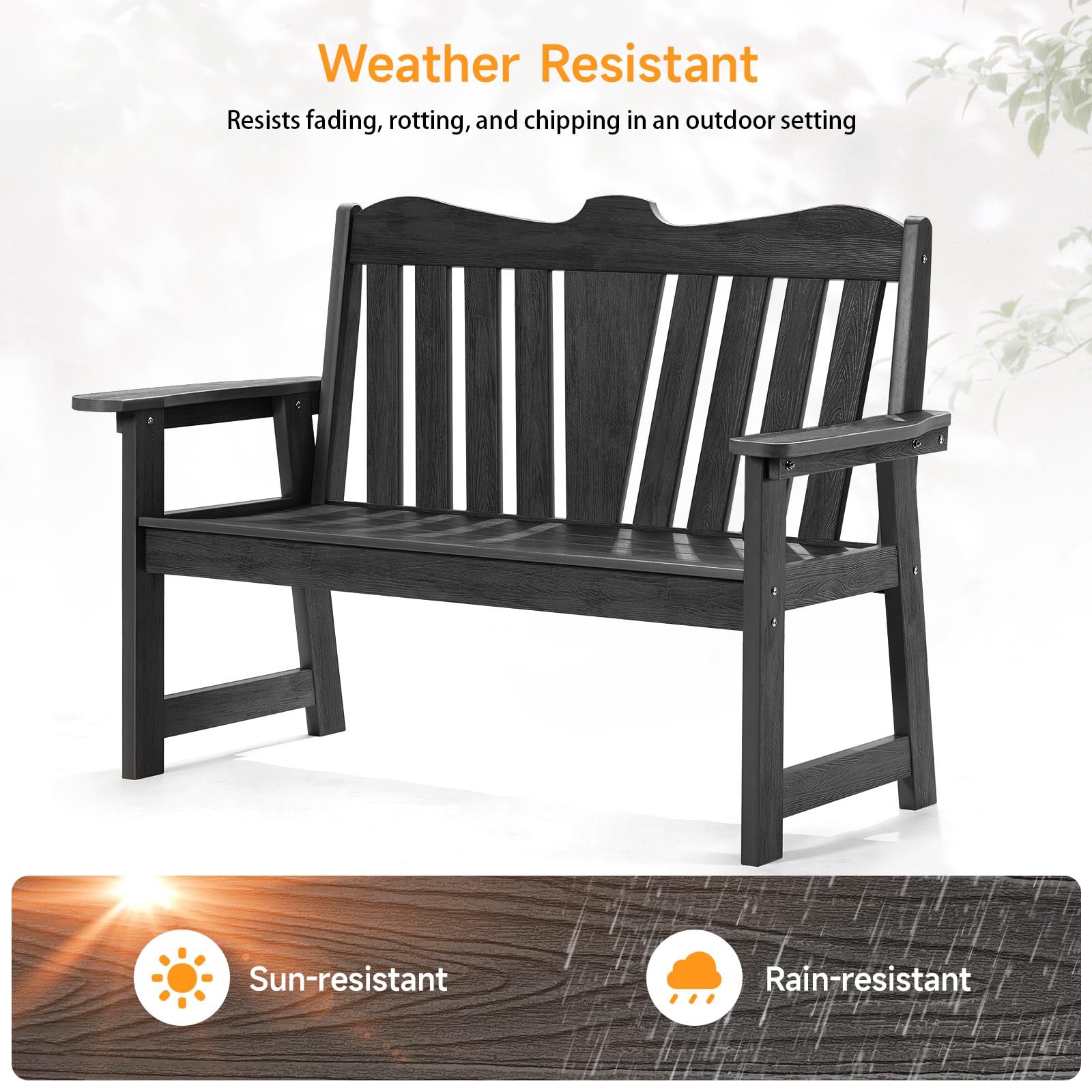 ONBRILL Outdoor Bench, 2-Person Weatherproof Garden Bench with Wide Armrests and Backrest, All-Weather Patio Bench Will not Rot and Fade for Garden, Porch, Backyard and Park, Easy Installation, Black