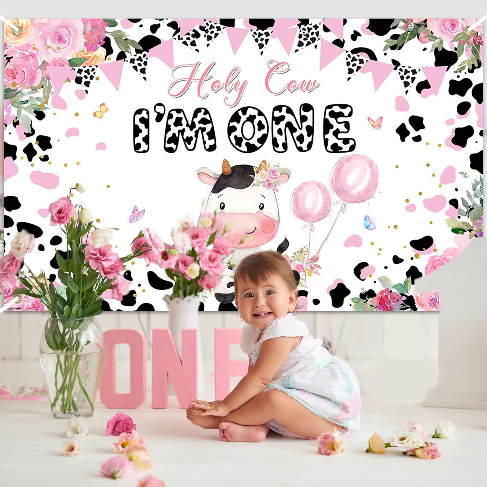 Avezano Holy Cow I'm One 1st Birthday Backdrop for Girls Pink Pink Flower Milk Cows 1st Birthday Party Decorations Holy Cow I'm One Banner Large 70.8 x 43.3 Inch