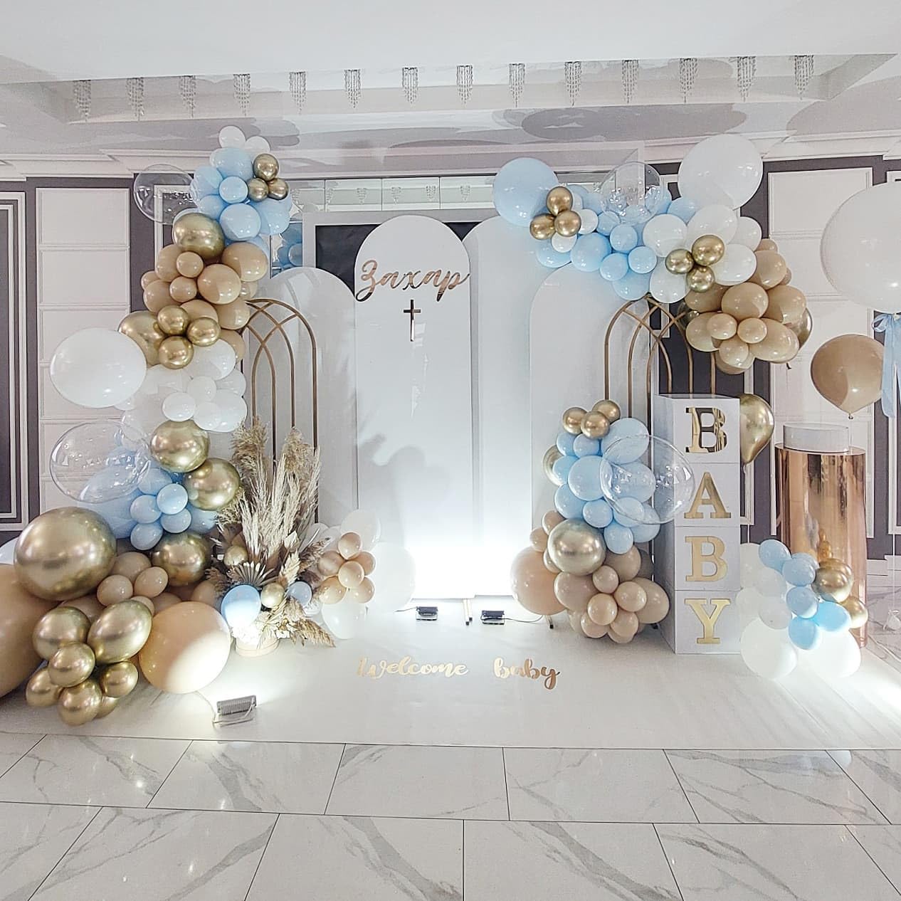 Blue and White Gold Balloons,100 pcs Blue White Gold Balloon Garland Arch Kit Metallic Chrome Gold Ballons with Macaroon Blue White Latex Balloons for Wedding Bridal Shower Baby Shower Decoration