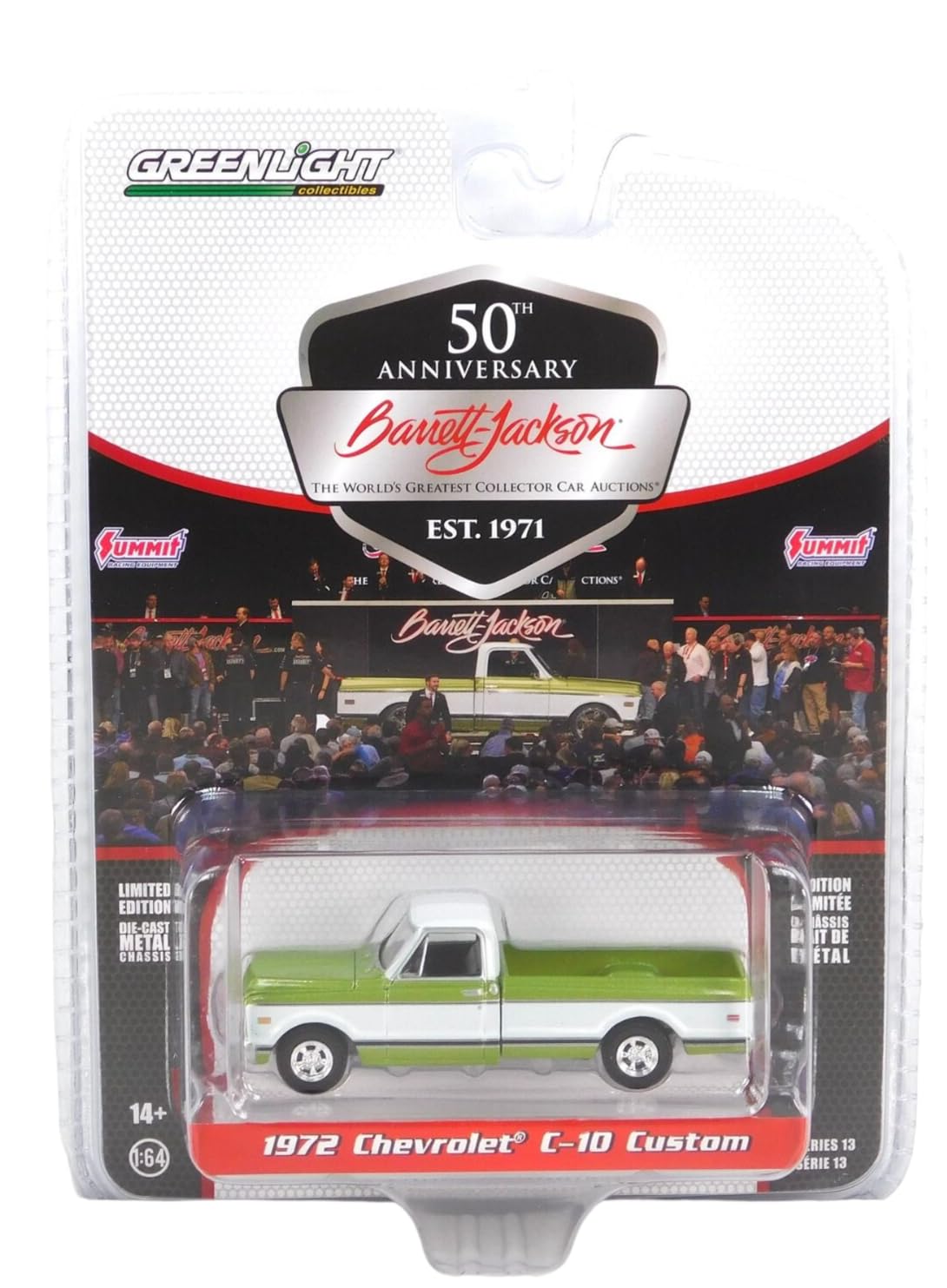 Greenlight 37300-C Barrett-Jackson ‘Scottsdale Edition’ Series 13-1972 Chevy C-10 Custom - Green/White (Lot #798) 1/64 Scale Diecast