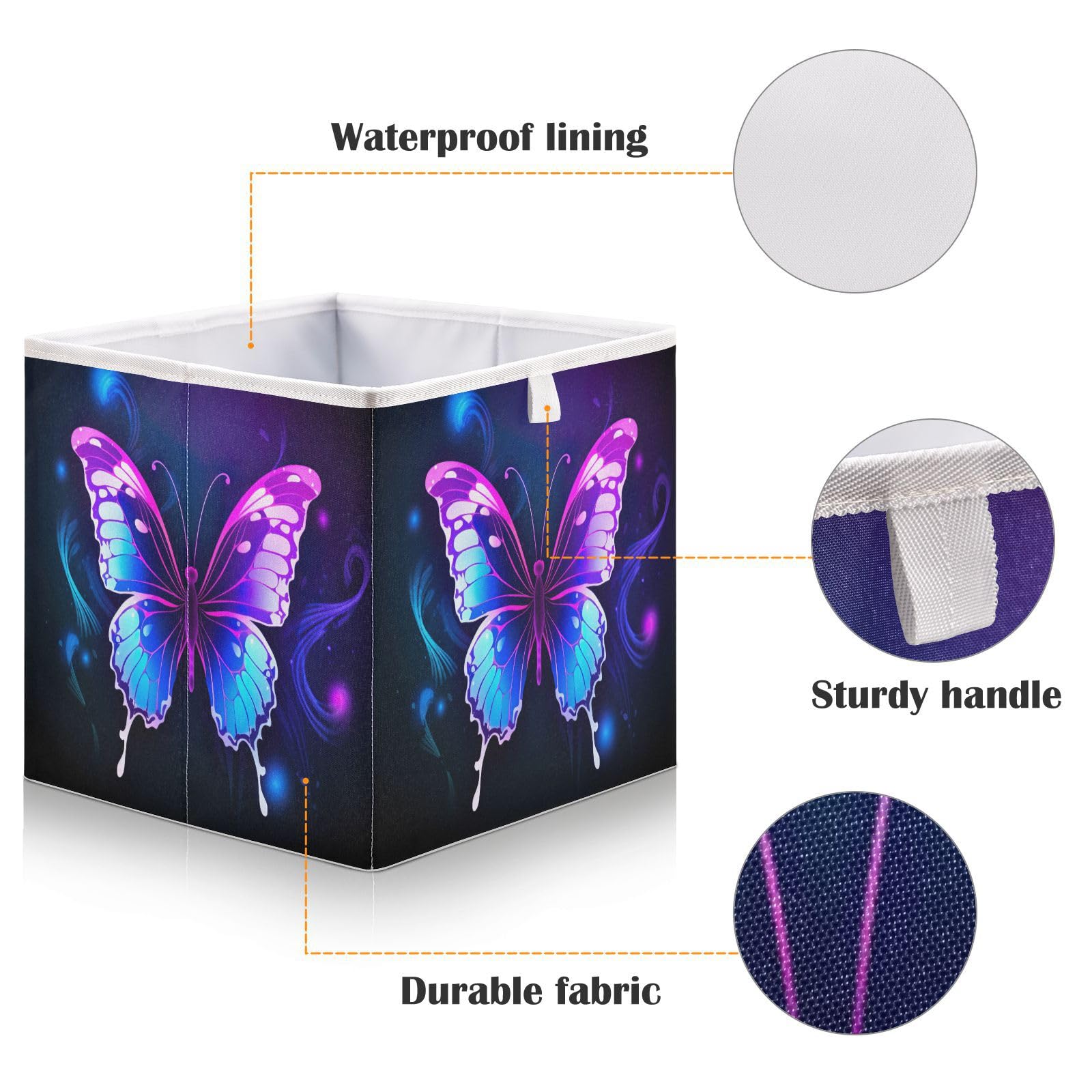 Haskirky Purple Butterfly Foldable Collapsible Storage Box Bins,11x11x11 Inch Cubes Baskets Fabric Storage Bins with Handles for Shelves Nursery Closet Home Decor