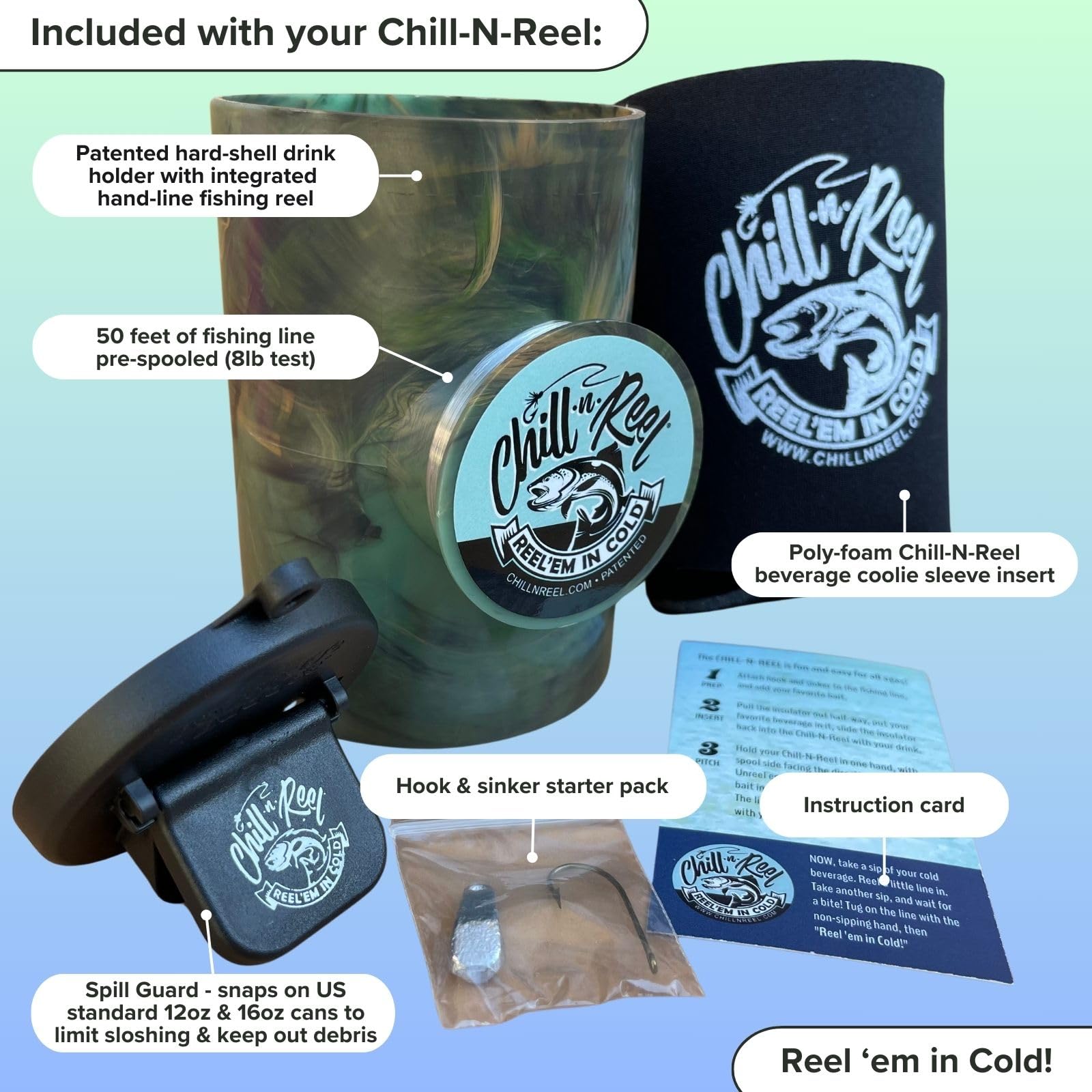 Chill-N-Reel Fishing Can Cooler (from Shark Tank) | Hard Shell Drink Holder with Hand Line Reel Attached | Fits Any Standard Insulator Sleeve or Coozie | Unique Fun Fishing Gift (Camo & Spill Guard)