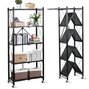 fenbeli 5 tier storage shelf with wheels - metal collapsible shelving unit display, heavy duty folding shelves, no assembly organizer rack for garage kitchen, basement, pantry (black, 5 tier)