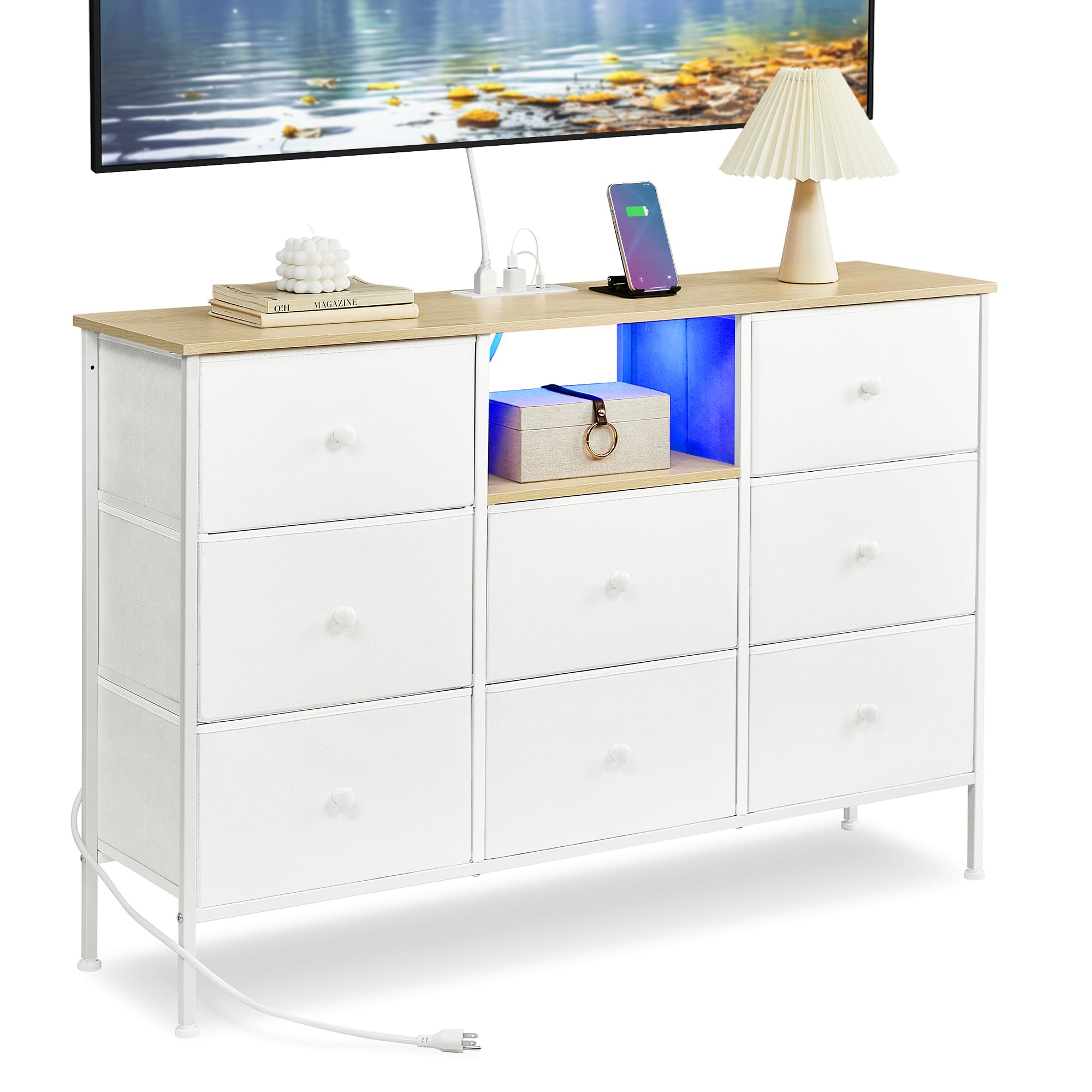 SONGMICS Dresser with Power Outlets and LED Lights, Fabric Chest of Drawers, 25 Colors, 8 Drawers, TV Stand for up to 60 Inch TVs, 11.8 x 47.2 x 31.3 Inches, Cloud White and Oak Beige ULTS518W01