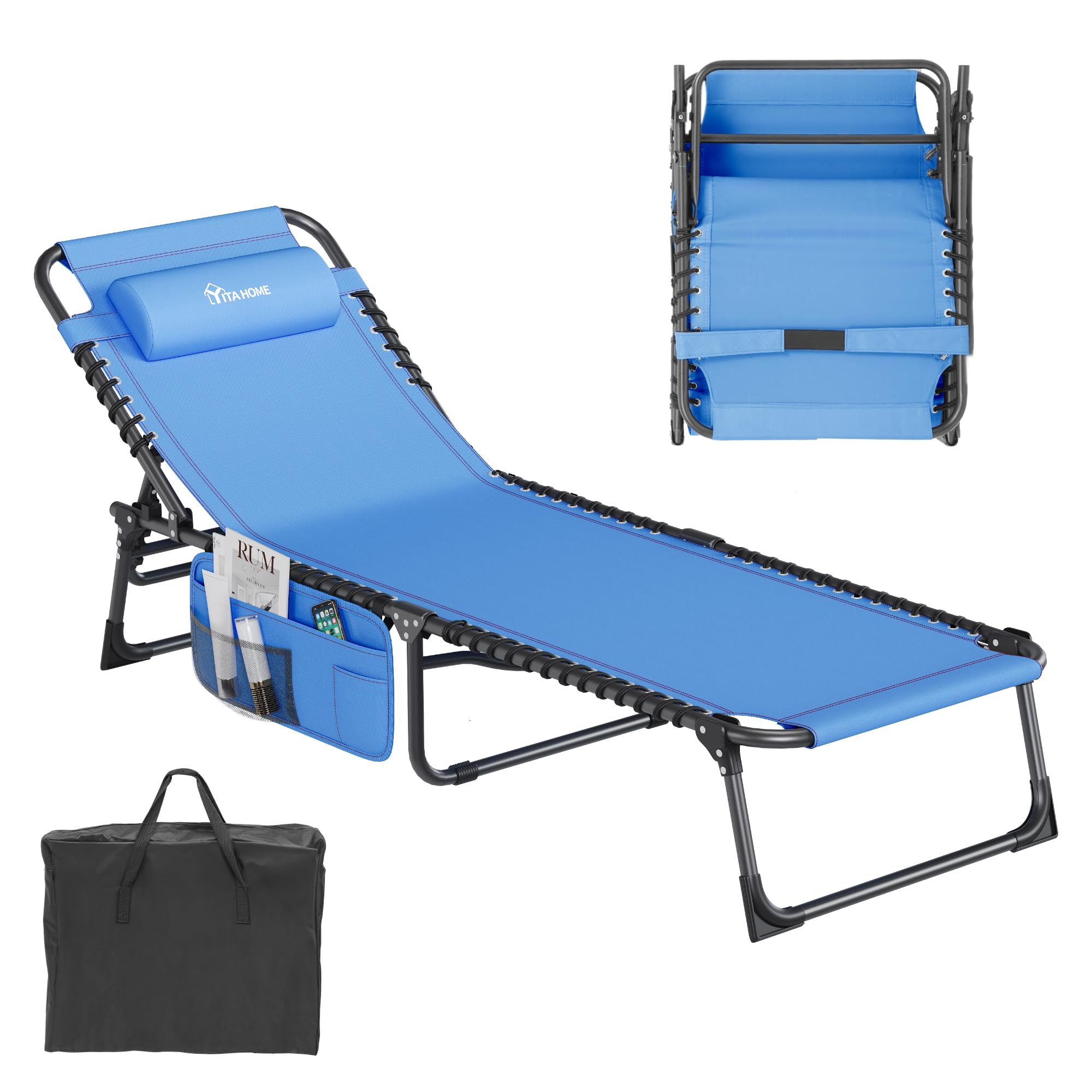 YITAHOME Patio Lounge Chair, Portable Reclining Chairse Lounge Folding Camping Cot 5 Posistion Adjustable w/Head Pillow & Portable Handbag for Camping, Pool, Beach and Patio, Blue