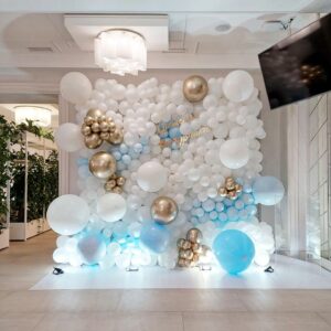 Blue and White Gold Balloons,100 pcs Blue White Gold Balloon Garland Arch Kit Metallic Chrome Gold Ballons with Macaroon Blue White Latex Balloons for Wedding Bridal Shower Baby Shower Decoration