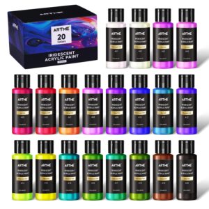 artme iridescent acrylic paint set, 20 chameleon colors in 2 oz/60ml bottles, color-shifting acrylic paint, color change paint perfect for artists, beginners on canvas, rocks, wood, fabric, ceramic