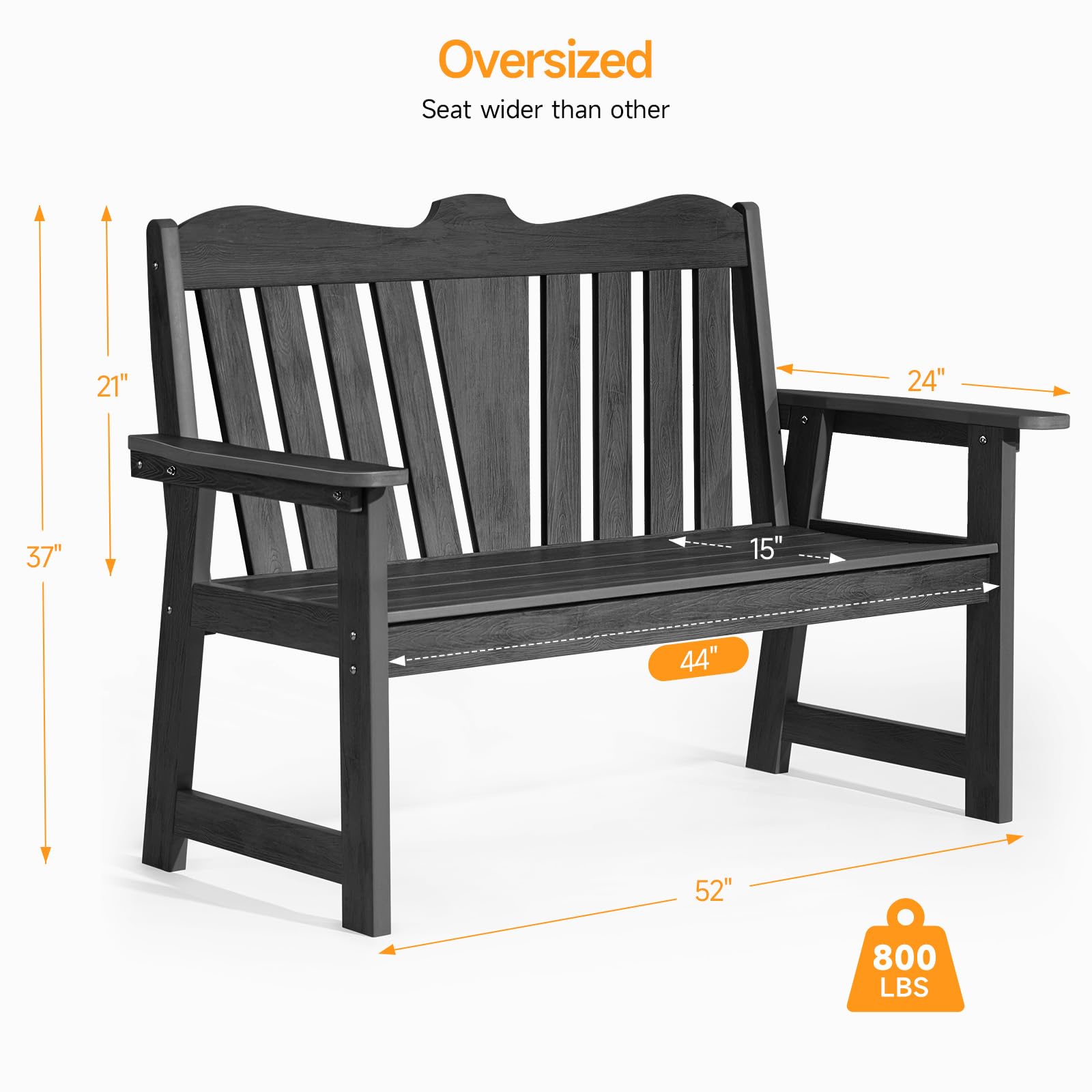 ONBRILL Outdoor Bench, 2-Person Weatherproof Garden Bench with Wide Armrests and Backrest, All-Weather Patio Bench Will not Rot and Fade for Garden, Porch, Backyard and Park, Easy Installation, Black