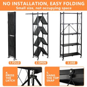 Fenbeli 5 Tier Storage Shelf with Wheels - Metal Collapsible Shelving Unit Display, Heavy Duty Folding Shelves, No Assembly Organizer Rack for Garage Kitchen, Basement, Pantry (Black, 5 Tier)