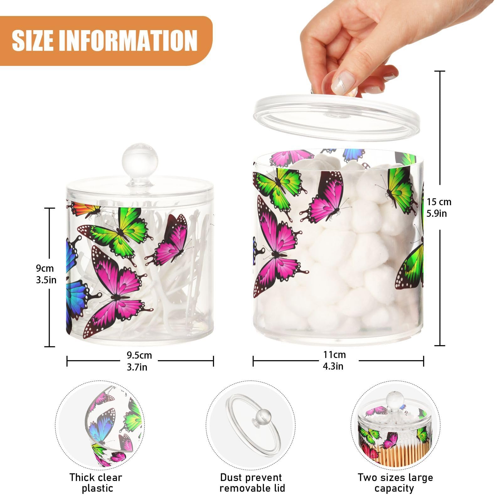 Bokkoy Beautiful Color Butterfly Transparent Storage Can Plastic Can Packs of 2 Cotton Swabs Floss Can Cosmetic Cotton Storage Jar for Bathroom and Dressing Table