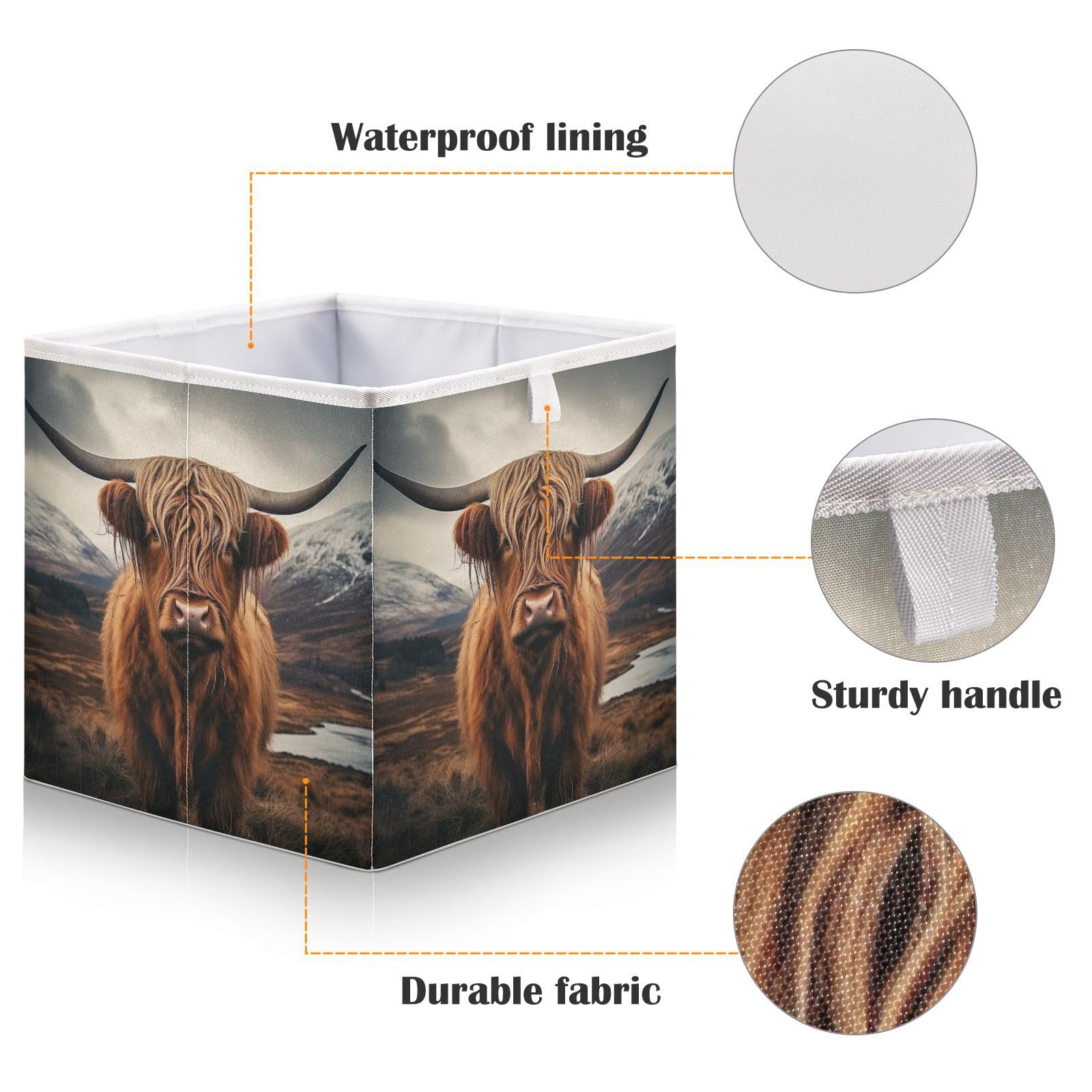 Haskirky Highland Cow Foldable Collapsible Storage Box Bins,11x11x11 Inch Cubes Baskets Fabric Storage Bins with Handles for Shelves Nursery Closet Home Decor