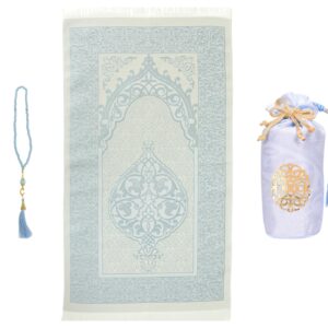 Prien Prayer Rug with Tasbih Bag for Pray, Muslim Gifts Bayram, Mat Salah, Sajadah for Women & Men, Islamic Gift Set for Islam Ramadan, Prayer, Praying, Eid, Quran (Blue)