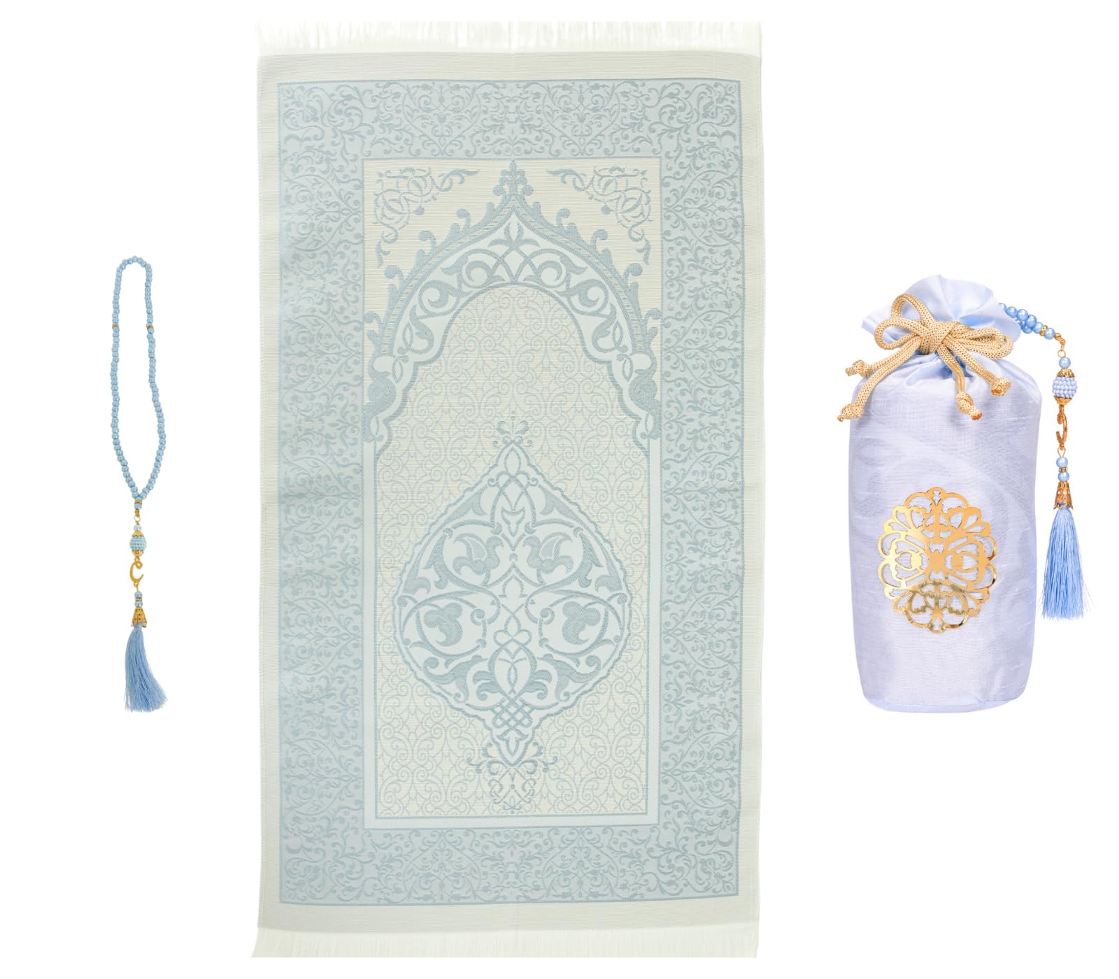 Prien Prayer Rug with Tasbih Bag for Pray, Muslim Gifts Bayram, Mat Salah, Sajadah for Women & Men, Islamic Gift Set for Islam Ramadan, Prayer, Praying, Eid, Quran (Blue)