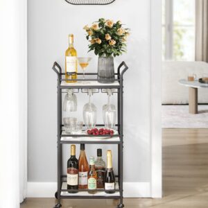 VASAGLE Bar Cart, Home Bar Serving Cart, Small Bar Cart with 3-Tier Shelf, Wine Holders, Glass Holders, Mini Bar Cart for Small Spaces, Kitchen, Dining Room, Living Room, Ink Black